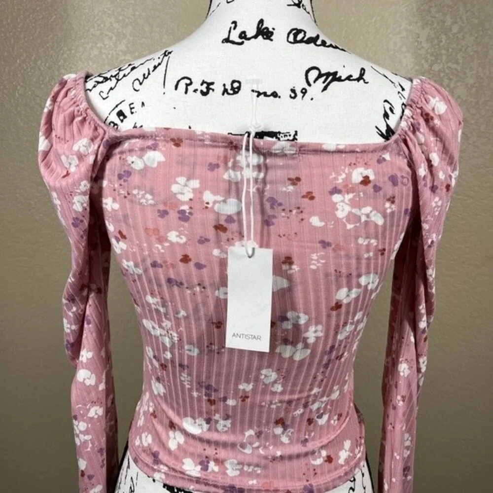 Antistar Pink top White floral  print long sleeve front ruched crop top size S